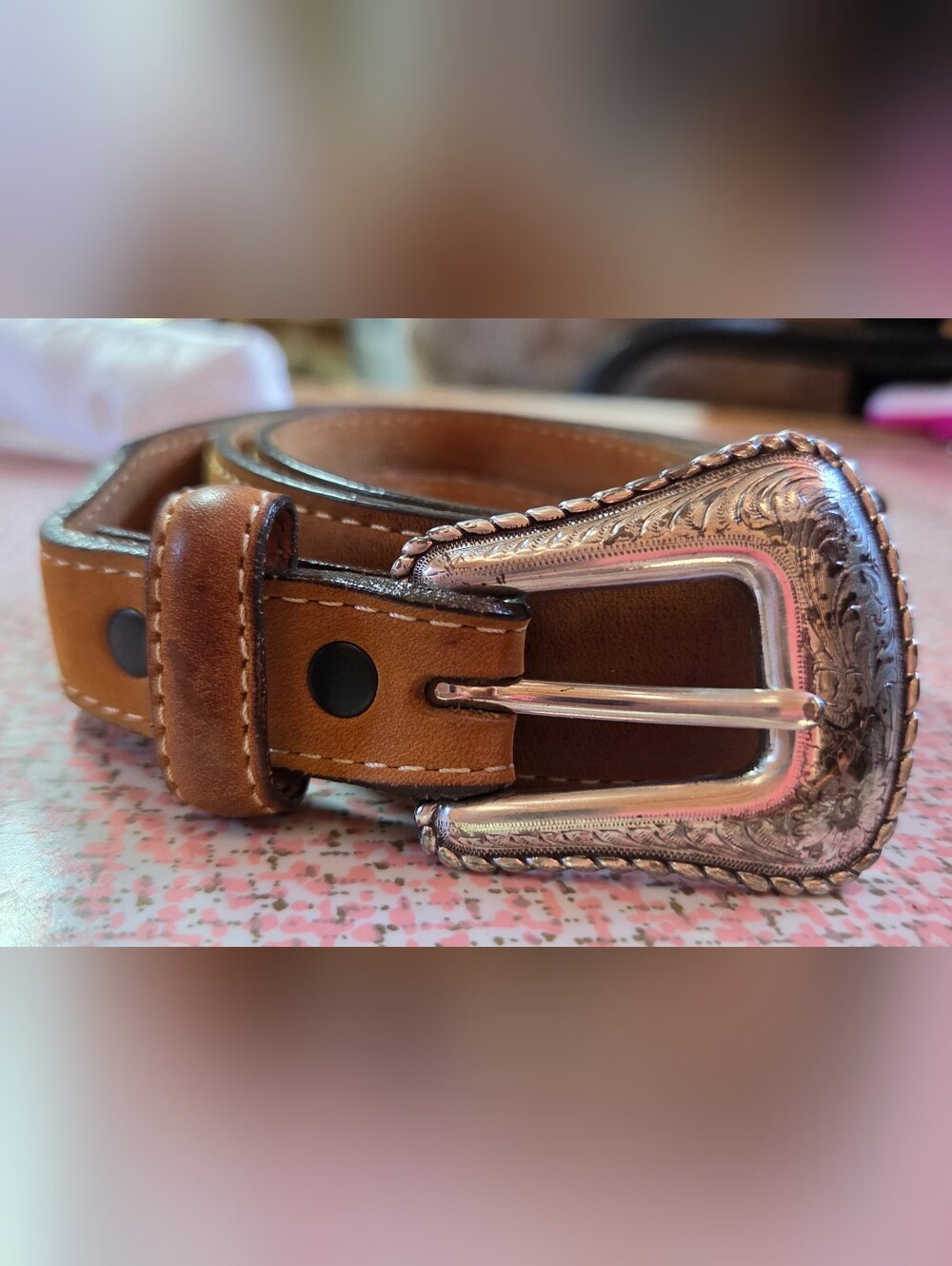 Nocona Top Grain Leather Western Belt Tan Brown Engraved Buckle 36 USA